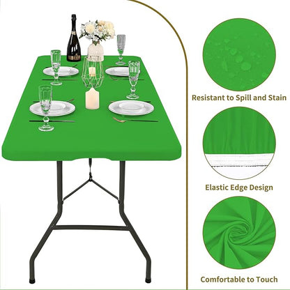 10 Pack Fitted Tablecloth for 6 Foot Rectangle Tables, Green Elastic Outdoor Picnic Table Cover, Washable Stretch Folding Table Cloths 6 ft for Camping Party Patio Kitchen Banquet, 30" W x 72" L