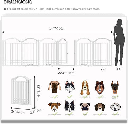 4NM Metal No Drilling Expandable Dog Gate, Extra Wide 144", Extra Tall 32" Free Standing Pet Gate with Door, Gates for Dogs Outdoor or Indoor, with 4PCS Support - White