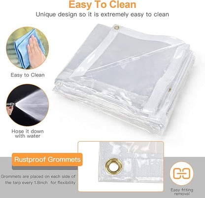 6 x 8FT Outdoor Clear Tarp Curtain Waterproof Wind-Proof 24 Mil Transparent Vinyl Tarp for Patio Pergola Garden Canopy Rainproof Anti-Tear PVC Thick Cover with Grommets