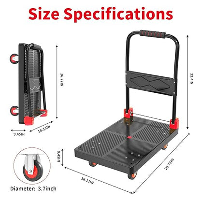 Push Cart Dolly - Foldable Heavy - Duty Flatbed Platform Cart with 360 - Degree Rotating Wheels for Moving in Food Truck and Trailer, Load Capacity 330 lbs, Black Red