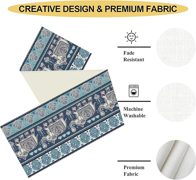 Boho Elephant Table Runner, Rustic African Tribe Animal Diwali India Damask Mandala Art Print Blue Coffee Table Center Decor for Home Kitchen Dining Holiday Party Outdoor Table Decorations, 13"x108"