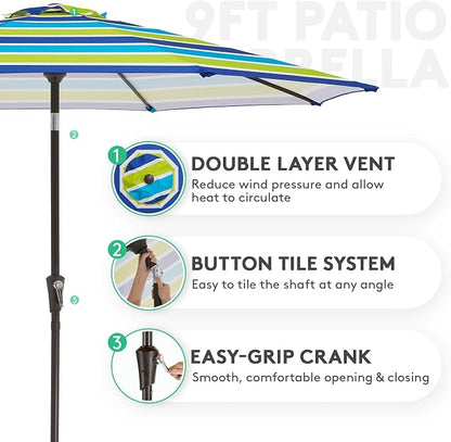 JEAREY 9FT Outdoor Patio Umbrella, Bold Blue & Green Stripe | Outdoor Table - Image 2