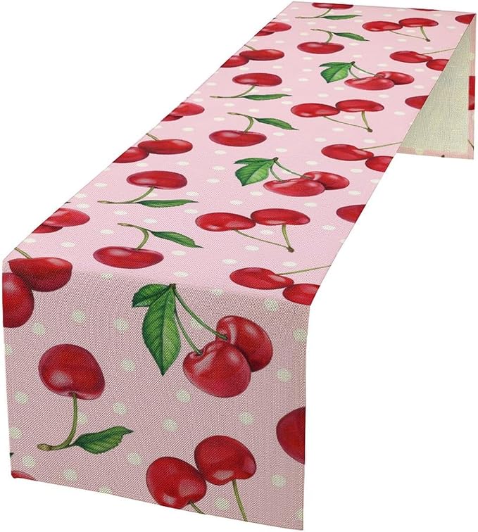 Red Cherry Table Runner, Tropical Fruit Polka Dot Print Table Runner for Birthday Party Dining Room Home Kitchen 13x120in