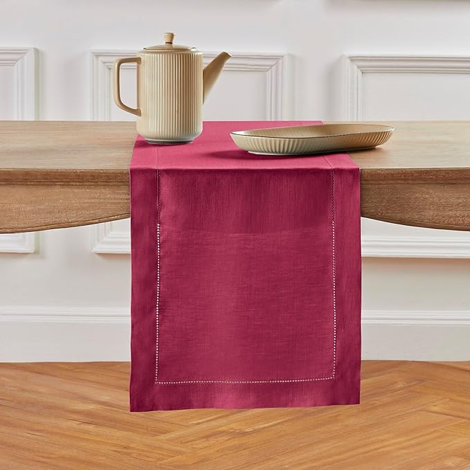 Solino Home Linen Table Runner 48 Inches - 100% Pure Linen Beet Hemstitch Table Runner 14 x 48 Inch Ideal for Dresser and Coffee Tables - Winter, Easter, Valentines - Classic Hemstitch