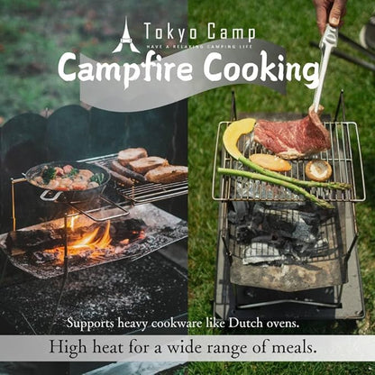 TokyoCamp HAKOSUKA Portable Fire Pit, Foldable Stainless Steel Wood Burning Stove, 11.9 x 8.5 x 10.6 in, Supports up to 44 lb Firewood, Lightweight Grill for Camping, BBQ & Bonfire