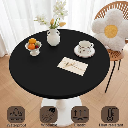 Round Fitted PU Tablecloth with High Elastic Edge 24 Inch Dia Waterproof Oil Proof Table Cloth Anti-Scald Stain-Resistant Wipeable Table Cover for Indoor Outdoor Picnic (Black,24" Dia)