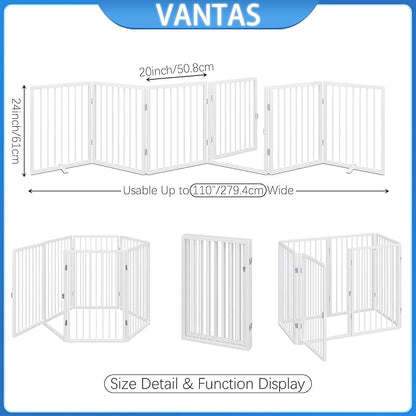 Vantas Folding No-Assembly Metal Pet Gate 120" Wide, 24" Extra Tall Dog Gate with Door Walk Through, Freestanding Accordion Puppy Gate Dog Door for Indoor & Outdoor, with 2PCS Support - White