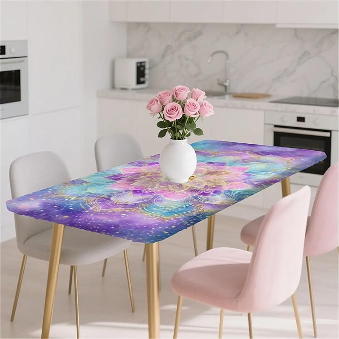 Rectangle Table Cloth Cover Waterproof Elastic Fitted Polyester Fitted Tablecloths for 4 Foot Tables for Indoor,Picnic, Camping, Outdoor （48" x 24"，Datura）