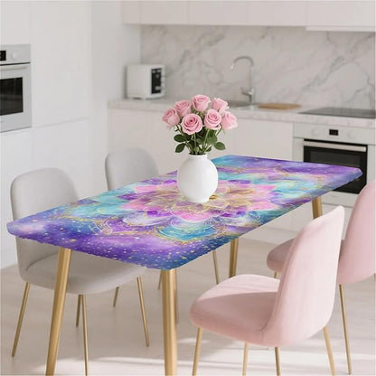 Rectangle Table Cloth Cover Waterproof Elastic Fitted Polyester Fitted Tablecloths for 4 Foot Tables for Indoor,Picnic, Camping, Outdoor （48" x 24"，Datura）
