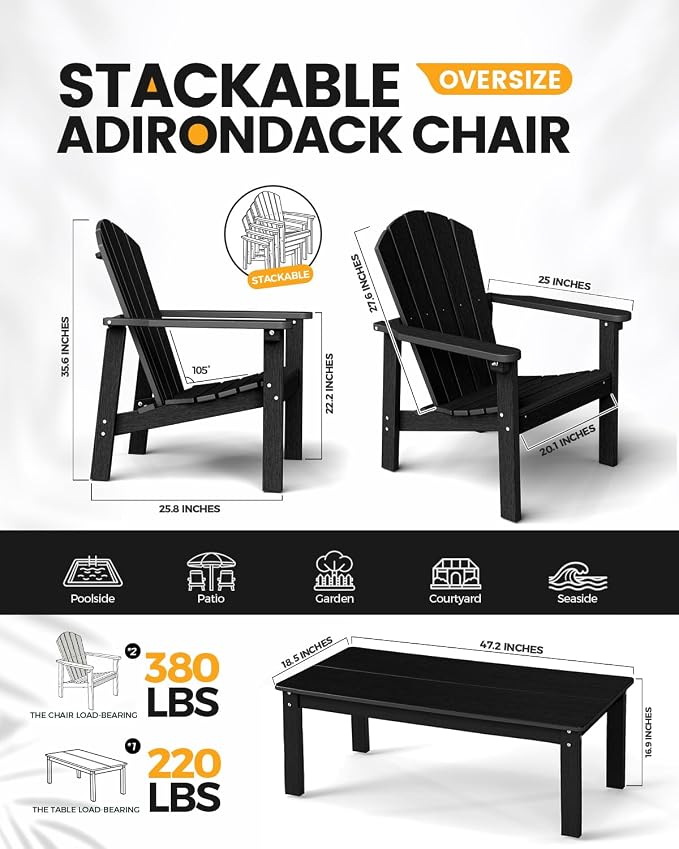 Stackable Set, 2 Chairs with 47in Table, All-Weather HDPE, 380 lbs Each + - Image 2