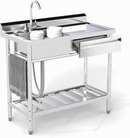 Stainless Steel Utility Sink, 39'' Free Standing Single Bowl Kitchen Sink with Cold and Hot Water Pipe, Right Drawer, Indoor and Outdoor for Laundry Room Farmhouse Kitchen(39 inch)
