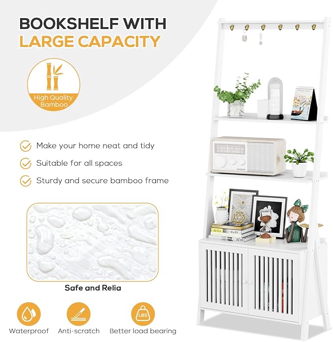 Bookcase with Drawers, 4-Tier Bamboo Bookshelf Ladder Shelf with 6 Hooks - Image 8