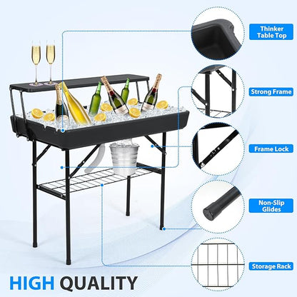 Nice C 4 ft Folding Ice Cooler Table, Party Cooler, Grazing Table, Tables with Drain, Party Tables, with Matching Skirt, Storage Shelf (Black)