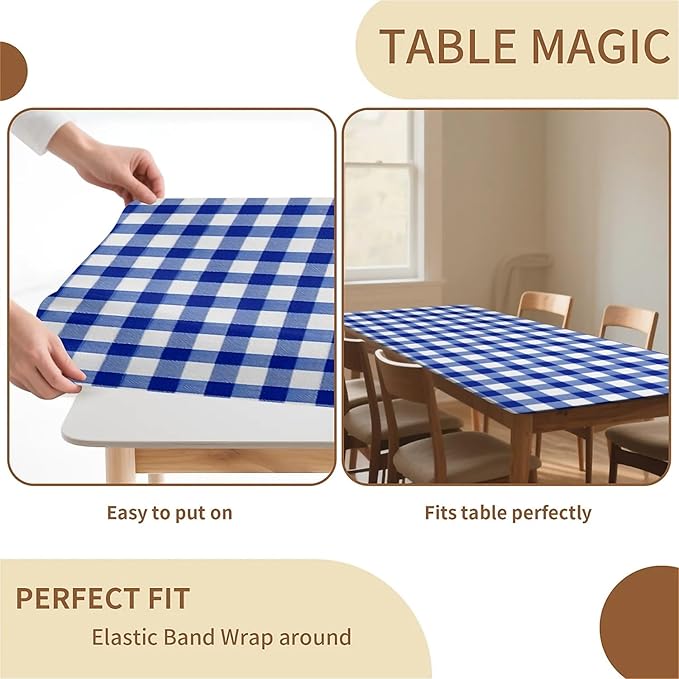 Rectangle Table Cloth Cover Waterproof Elastic Fitted Polyester Fitted Tablecloths for 6 Foot Tables for Indoor,Picnic, Camping, Outdoor （60" x 30"，Blue Grid）
