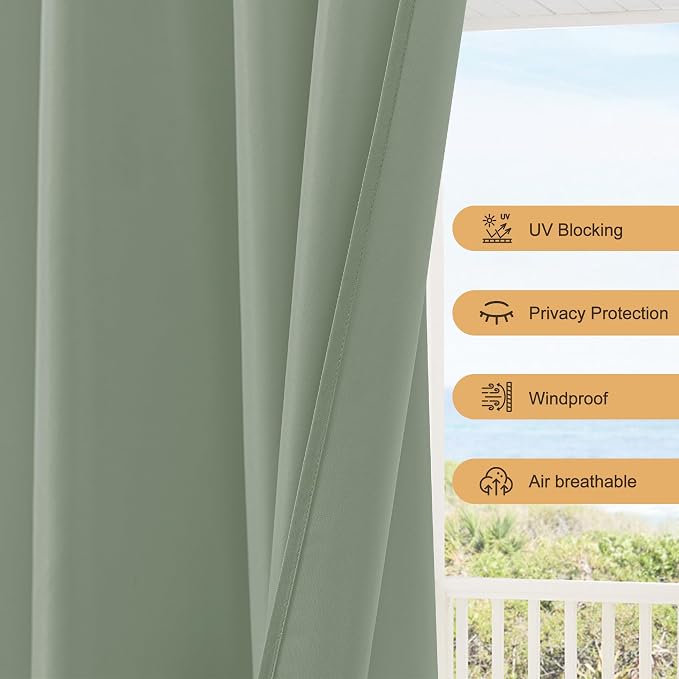 Outdoor Curtains for Patio Waterproof Rod Pocket 4 Pcs 54x95 Sage Green | - Image 3