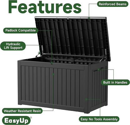 EasyUp 280 Gallon Deck Boxes Waterproof, Outdoor Large Storage Boxes with Lids, Outside Resin Storage Box & Deck Boxes for Patio, Garden Use(Black)