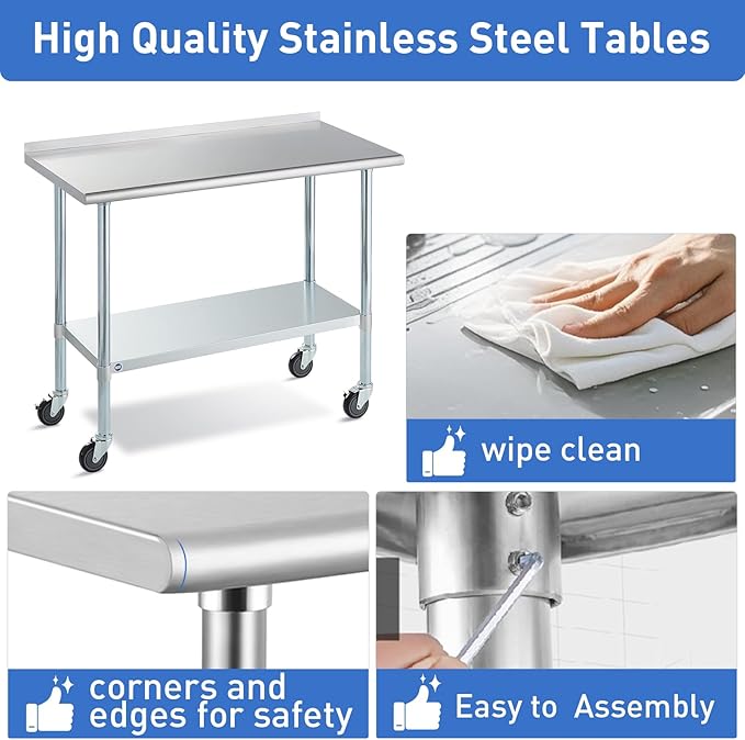 Stainless Steel Table for Prep & Work with Caster & Backsplash 24x72 Inches, NSF Metal Commercial Kitchen Heavy Duty Table with Adjustable Under Shelf and Table Foot for Restaurant, Home and Hotel