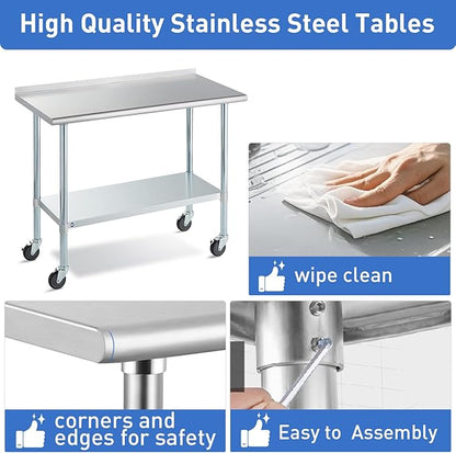 Stainless Steel Table for Prep & Work with Caster & Backsplash 24x72 Inches, NSF Metal Commercial Kitchen Heavy Duty Table with Adjustable Under Shelf and Table Foot for Restaurant, Home and Hotel