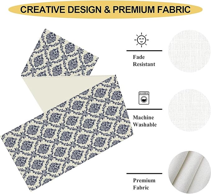 Damask Table Runner, Rustic Gothic Baroque Style Floral Bohemian Boho Blue Flower Antique Vintage Coffee Table Center Decor for Kitchen and Dining Outdoor Country Party Table Decorations, 13"x72"