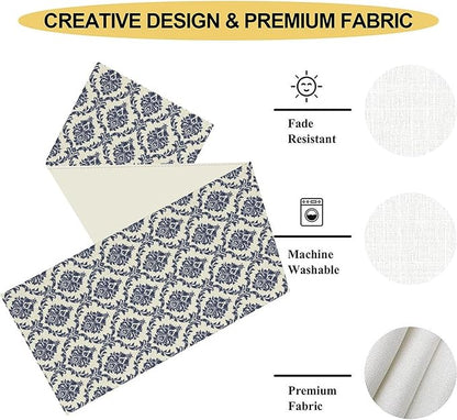 Damask Table Runner, Rustic Gothic Baroque Style Floral Bohemian Boho Blue Flower Antique Vintage Coffee Table Center Decor for Kitchen and Dining Outdoor Country Party Table Decorations, 13"x90"