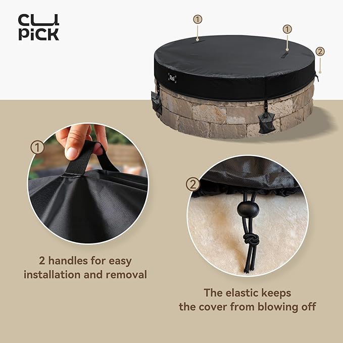 Outdoor Fire Pit Cover,In Ground Firepit Covers Round with Sandbag,600D Heavy Duty Waterproof and Tear-Resistant,Windproof,Suitable for 61-66 Inch Round Built in Stone Firepits,Black