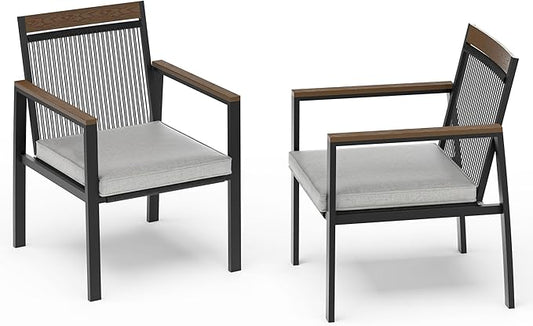 Set of 2 Outdoor Dining Chairs – Ergnomic Patio Seating with Handwoven Rope Design and Soft Cushions for Patio, Backyard, Poolside, Balcony – 350lb Weight Capacity