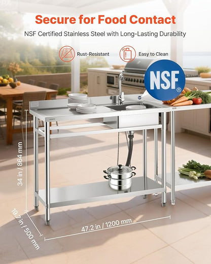 VEVOR Stainless Steel Utility Sink, Free Standing Single Bowl Commercial Kitchen Sink with Faucet, Utility Left Basin Workbench with Hot & Cold Water Pipe for Garage Restaurant Laundry, 47x19.7x37 in