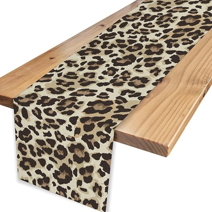 Leopard Print Table Runner, Animal Fur Print Western Style Table Runner Country Farmhouse Cottage Cow Pattern Linen Table Decoration for Home Kitchen Dining 13x108