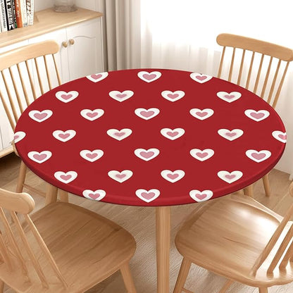 Valentines Day Round Fitted Tablecloth with Elastic Red Pink Heart Circle Table Cloth for 44-48" Round Tables Wipeable Waterproof Washable Burgundy Valentine Table Cover for Picnic Dining Party Decor