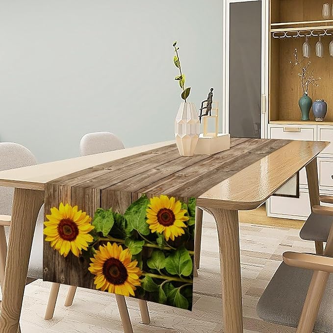 Sunflower Floral Table Runner, Country Farmhouse Vintage Spring Flower Rustic Wooden Plank Kitchen Dining Table Decoration for Indoor Outdoor Home Party Decor, 13x120inch