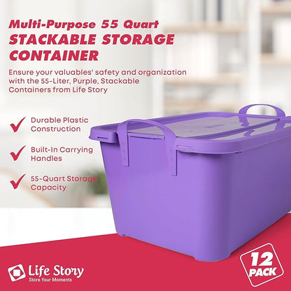 Life Story 12 Pack Light Duty Stackable Storage Bin, 55 Quart Home Organizer, Versatile Lightweight Locking Bins with Carrying Handles, Purple
