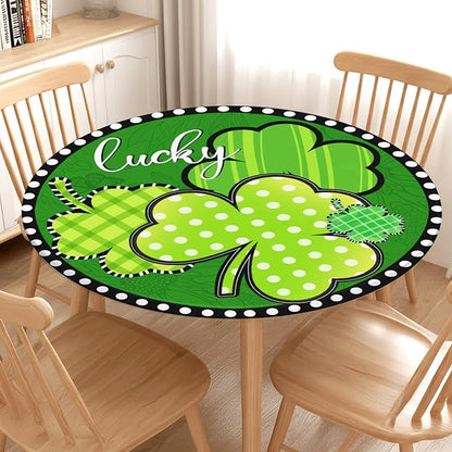 St Patricks Day Round Fitted Tablecloth with Elastic Green Shamrock Lucky Circle Table Cover for 36-40" Tables Spring Clover Wipeable Waterproof Washable Table Cloth for Party Picnic Dining Decor