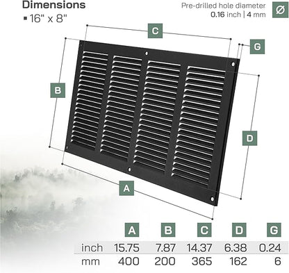 Vent Systems 16" x 8" Inch (Overall Dimensions) Pack of 2 - Anthracite - Air Vent Cover Metal Air Return Grill with Built-in Pest Guard Screen HVAC Vent Duct Cover for Home Improvement