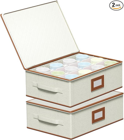 Aokeyee 2-Pack Cup and Mug Storage Box, Hard Shell China Storage Containers - Holds 24 Coffee Mugs, Tea Cups & Glasses, Stackable Organizers with Lid, Handles, Zippers & Label for Moving, Ivory