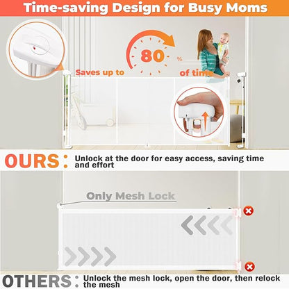 Retractable Baby Gates for Stairs, 55" Wide Retractable Dog Gate Pet Gate, 34" Extra Tall Child Safety Gate Toddler Mesh Gate with Support Rods for Doorways, Hallways, Deck, Porch, Indoor, Outdoor