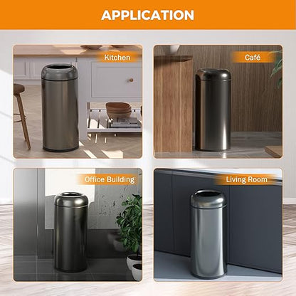 BEAMNOVA 16.5 Gallon Trash Can Black Open Top Outdoor Indoor Commercial Stainless Steel Industrial Waste Basket Container, Metallic Black Large Garbage Enclosure with Lid