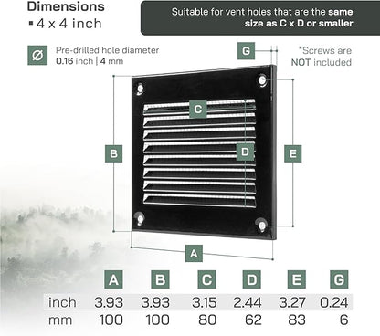 Vent Systems 4'' x 4'' Inch (Overall Dimensions) Pack of 2 - Black - Air Vent Cover Metal Air Return Grill with Built in Pest Guard Screen HVAC Vent Duct Cover for Home Improvement