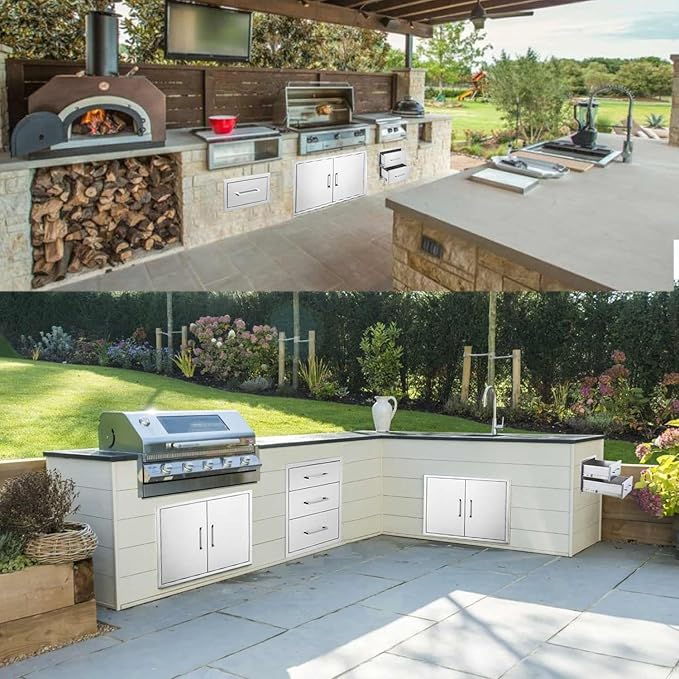 Outdoor Kitchen Drawers Stainless Steel 2-Drawer BBQ Drawer 14" W x 15" H x 23" D Enclosed Built-in Drawer Flush Mount for Outdoor Kitchens & BBQ Islands