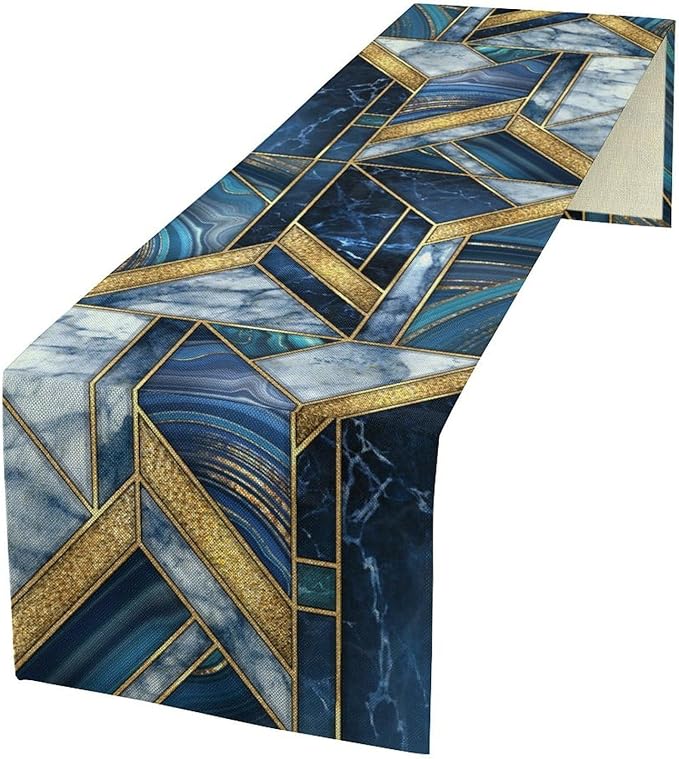 Marble Texture Table Runner, Dark Blue Gold Modern Mosaic Design Table Runner Decoration for Kitchen Family Dinner Table Holiday Party Farmhouse 13x108in
