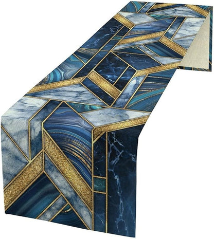 Marble Texture Table Runner, Dark Blue Gold Modern Mosaic Design Table Runner Decoration for Kitchen Family Dinner Table Holiday Party Farmhouse 13x90in
