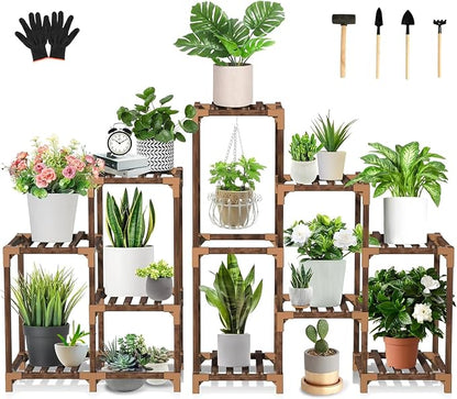 Wood Plant Stand Indoor Outdoor Corner Plant Shelf Stand, 5 Tiered 10 Potted by Uneedem