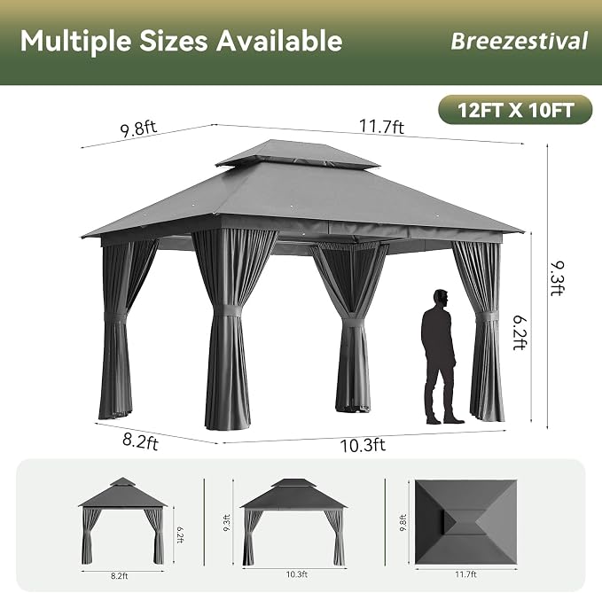 12'x10' Gazebo with Light, Outdoor Gazebo with Double Roofs | Metal Frame Canopy - Image 2