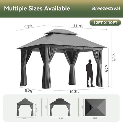 12'x10' Gazebo with Light, Outdoor Gazebo with Double Roofs | Metal Frame Canopy - Image 2