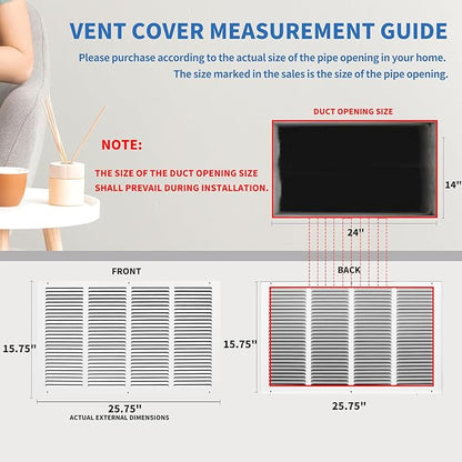 24x14 Return Air Grille (Duct Opening Size), Air Return Vent Cover, AC Vent Cover, Cold Air Return Vent Cover, Flat Return Air Grilles, Outer Dimensions:25.75"W x 15.75"H (24"W x 14"H, Duct Opening)