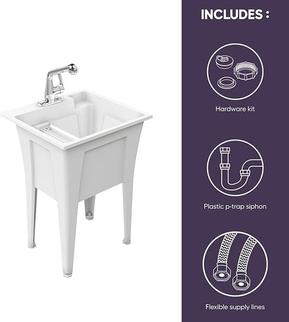 Freestanding Utility Sink with One Handle Chrome Faucet - 24" Plastic Utility Sink for Garage, Laundry, Indoor and Oudoor Use - Laundry Tub Kit by Noah William Home - White (19.5 gal)