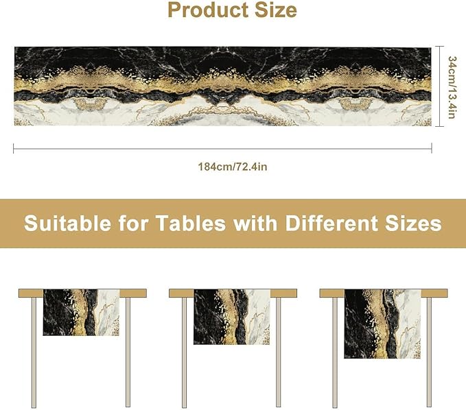 Marble Table Runner, Ink Golden Marble Texture Table Runner for Kitchen Wedding Farmhouse Indoor Outdoor Home Party 13x70in