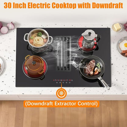 Noxton 30”Electric Cooktop with Downdraft Vent, 4 Burner Radiant Stove Top, 6000W, 240V Hardwired, 9 Heat Settings, 99-Min Timer, Pause & Child Lock(No Exhaust Pipe Required)