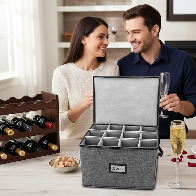 HOMELUX THEORY Champagne Flute Storage Box, Light Gray Hard Shell China Storage Containers, Kitchen Storage Bins With Lids, Heavy Duty Moving Box for Glasses & Stemware, Glassware & Wine Glass
