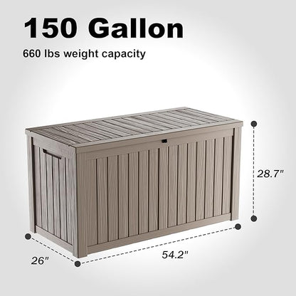 150 GallonOutdoor Storage Box,Resin Deck Boxes Waterproof, IndoorOutdoor Bin for Package Delivery, Patio Cushions, Gardening Tools, Lockable, UV Resistant