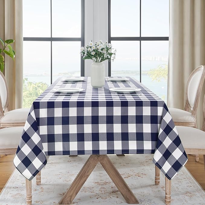 Softalker Gingham Checkered Tablecloth Rectangle - Outdoor Waterproof Buffalo Plaid Table Cloth, Stain Resistant Washable Table Cover for Picnic, Camping, Dining - Navy Blue and White, 54 x 78 Inch